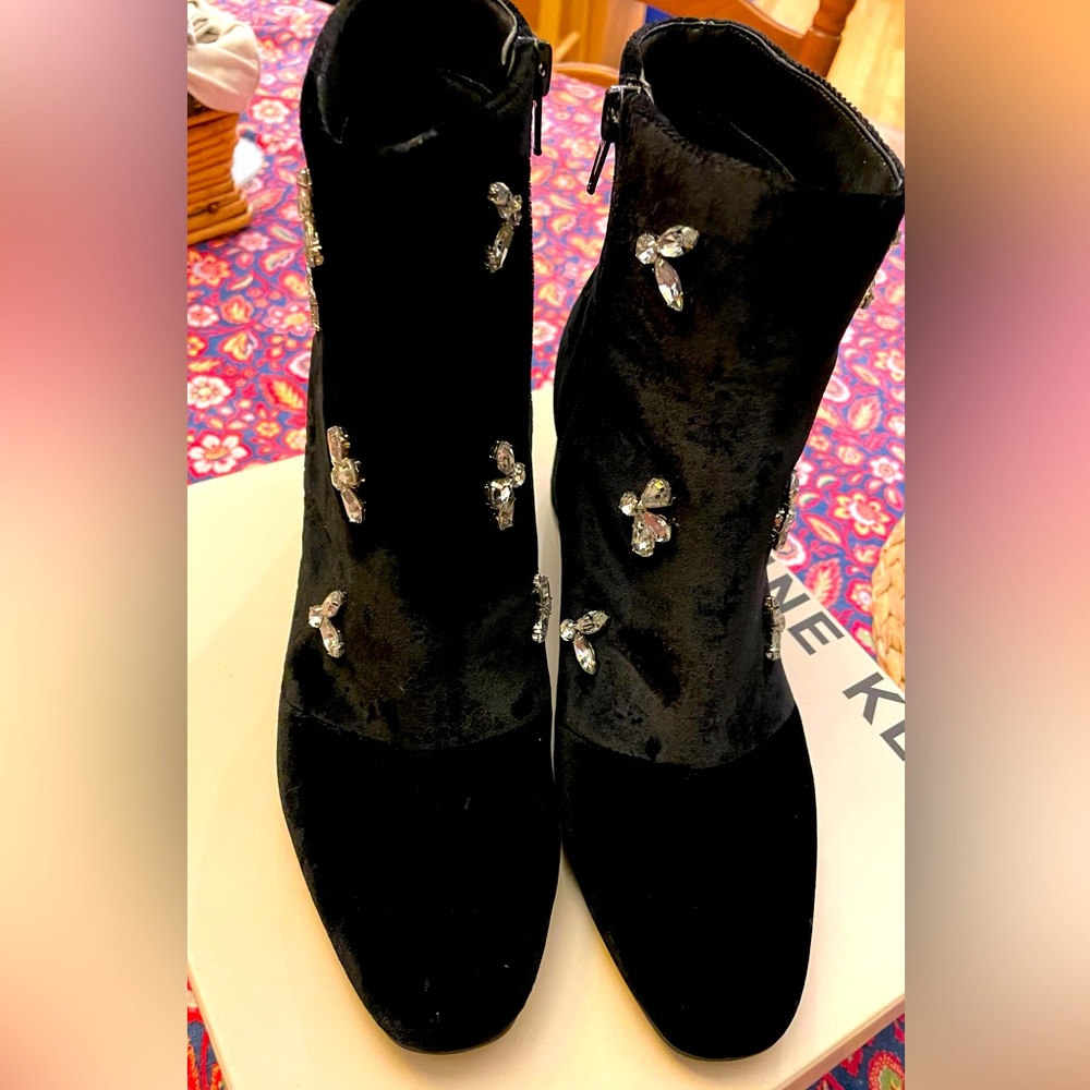 Anne Klein Black Velvet Boots with Rhinestone Elements
